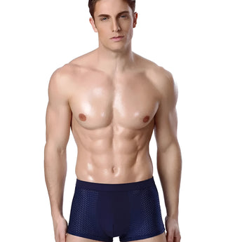 Luxury Bamboo Men's Boxer Briefs modeled on a male figure, showcasing breathable, moisture-wicking fabric in a multi-pack set.