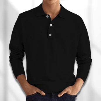 A luxury black cashmere polo sweater in size 3XL, showcasing high-end men's knitwear with long sleeves, a collar, and a comfortable fit.