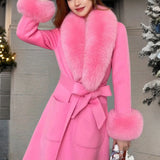 Luxurious beige winter coat with a faux fur collar, featuring a wool overcoat design in a rose color, size large, showcasing elegant outerwear with a focus on style and comfort.