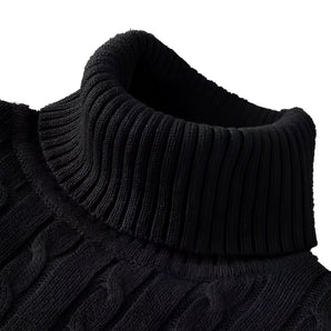 Luxury black cable knit turtleneck sweater in thick wool with a ribbed collar, in size 3XL.