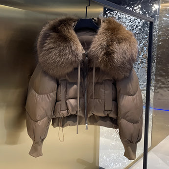 Luxury designer winter fashion puffer jacket with black fur collar in a rich brown color, size large.