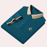 Luxury blue polo shirt in size 2XL featuring a black contrast collar and logo embroidery.