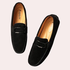 Luxury black suede men's buckle slip-on loafers with a sleek design and synthetic rubber sole, ideal for dressy occasions.