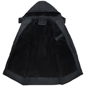 Luxury black velvet hooded cape designed for winter outerwear, featuring a sleek and elegant design with a soft, flowing material that provides warmth and style.