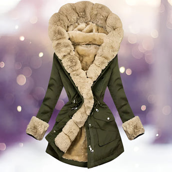 Luxury green women's parka in 3XL with a fur-lined hood, featuring a stylish design. The jacket includes long sleeves, a fitted waist, and a high collar, perfect for winter wear. A hand is shown adjusting the collar, highlighting the jacket's elegant texture and craftsmanship.