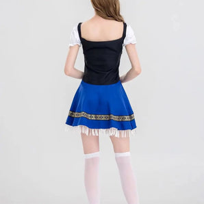 Luxurious blue satin skater skirt featuring intricate fringe and embroidery details, elegantly styled on a model.