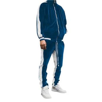 Luxury blue velvet tracksuit for men, featuring a long-sleeve top and matching pants, designed in a 2XL size.