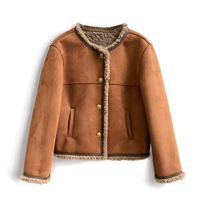 Luxury brown suede jacket with shearling collar, featuring long sleeves and a structured design, perfect for winter fashion.