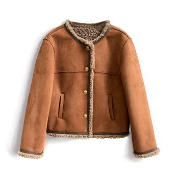 Luxury brown suede jacket with shearling collar, featuring long sleeves and a structured design, perfect for winter fashion.