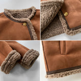 Brown luxury suede jacket featuring a beige shearling collar, long sleeves, and a soft textile finish.