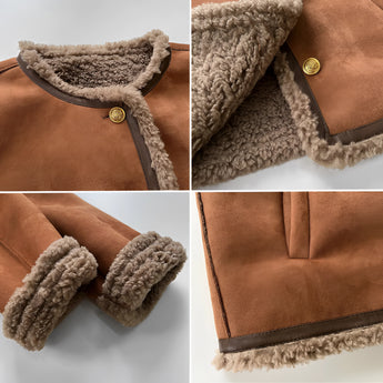 Brown luxury suede jacket featuring a beige shearling collar, long sleeves, and a soft textile finish.