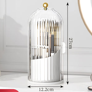Luxury clear acrylic makeup brush organizer with a gold handle, featuring a sleek rectangular shape.