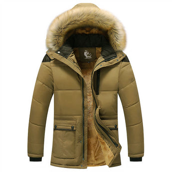 Luxury designer fur-lined parka in cachi color, featuring beige and khaki tones. The premium winter coat includes a fur-lined collar and sleeves, with a stylish design suitable for a 2XL size.