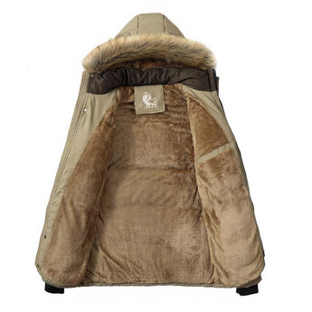 Luxury designer fur-lined parka in brown and beige tones, featuring long sleeves, a prominent collar, and natural fur accents, showcasing premium winter fashion.