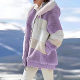 Luxury designer striped fur winter coat in Northern Violet color, featuring a mix of purple and white fur with pink accents. The coat includes long sleeves, a collar, and pockets, designed for a comfortable fit in 3XL size.