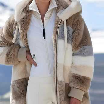 Luxury designer striped fur winter coat in polar brown, featuring long sleeves, a plush collar, and spacious pockets, displayed in a 3XL size, highlighting its elegant design and natural materials.