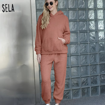 Luxurious fleece loungewear set in plush beige, featuring a comfortable teddy co-ord outfit with long sleeves and a relaxed fit, perfect for cozy lounging.