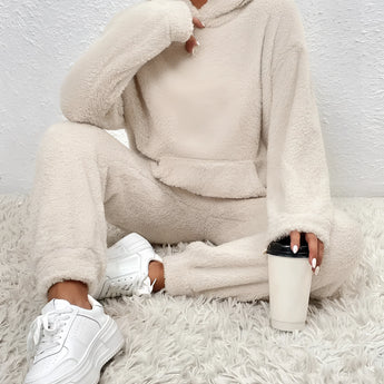 Plush beige teddy co-ord loungewear set in apricot, featuring a cozy fleece texture with a collared top and long sleeves, designed for comfort and style in size 2XL.