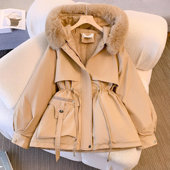 Luxury fur-trimmed parka in cachi color, elegant women's winter jacket, featuring a beige textile with long sleeves and a stylish collar design, displayed in 3XL size.