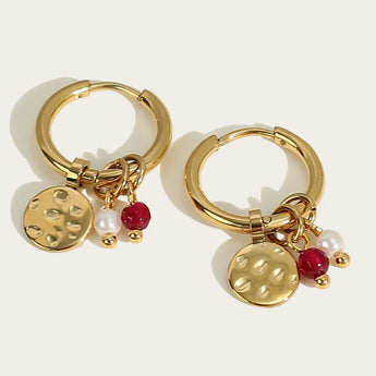 Luxury gold hoop earrings with pearl charms by YA-CHAN Designer Jewelry, model YC0400, featuring natural materials and gemstone accents.