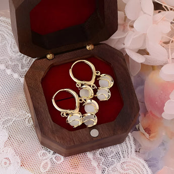 Luxury gold hoop earrings with clear gemstone accents displayed in a vintage red box.