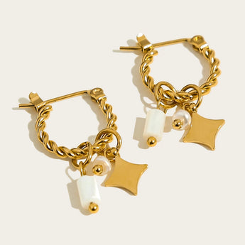 Luxury gold hoop earrings with pearl charms designed by YA-CHAN, model YC0475, displayed against a plain background.