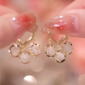 Luxury gold hoop earrings with clear gemstone accents in a vintage box, close-up view showcasing intricate design and natural material.