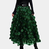 Luxury high-waist black floral 3D skirt in a designer style, featuring a green color scheme and XL size, with intricate floral patterns giving a sophisticated and elegant look suitable for formal occasions.