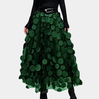 Luxury high-waist black floral 3D skirt in a designer style, featuring a green color scheme and XL size, with intricate floral patterns giving a sophisticated and elegant look suitable for formal occasions.
