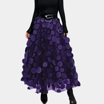 Luxury high-waist black floral 3D skirt featuring intricate floral patterns, highlighted in purple, designed for women, shown in an XL size. The skirt embraces a sophisticated style suitable for fashion-forward looks.