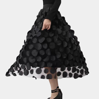 Luxury High-Waist Black Floral 3D Skirt featuring an intricate floral pattern, emphasizing fashionable design, suitable for elegant day wear.