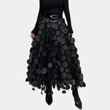 Luxury high-waist black floral 3D skirt for women featuring an intricate floral pattern, designed for a sophisticated and elegant look, available in size XL.