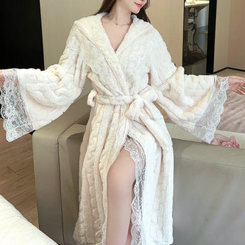 Luxury white lace bridal robe in XL size, featuring an elegant wrap design with long sleeves, perfect for a wedding dressing gown.