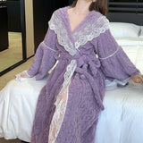 Luxurious purple lace bridal robe in XL size, featuring elegant long sleeves and a delicate waist tie, displayed on a mannequin against a white backdrop.