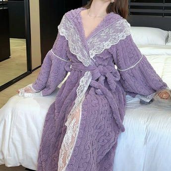 Luxurious purple lace bridal robe in XL size, featuring elegant long sleeves and a delicate waist tie, displayed on a mannequin against a white backdrop.