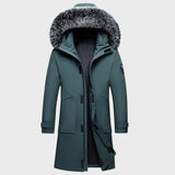 Luxury men's dark green parka with faux fur hood, featuring a sleek design with a warm insulated body; the coat has a structured collar and full-length sleeves, ideal for cold weather.