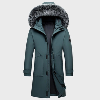 Luxury men's dark green parka with faux fur hood, featuring a sleek design with a warm insulated body; the coat has a structured collar and full-length sleeves, ideal for cold weather.