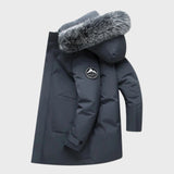 Luxury men's dark green insulated parka with faux fur hood, showcasing long sleeves, button front closure, and a high collar for added warmth and style.