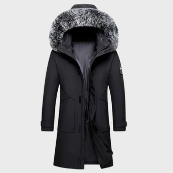 Luxury men's dark green insulated parka with faux fur hood, featuring long sleeves and a high collar, available in black color and 3XL size.