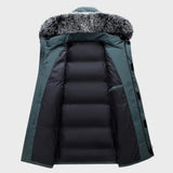 Luxurious men's dark green insulated parka featuring a faux fur hood, long sleeves, and multiple pockets.