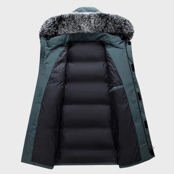 Luxurious men's dark green insulated parka featuring a faux fur hood, long sleeves, and multiple pockets.