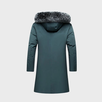 Luxury men's dark green insulated parka with faux fur hood, featuring a full-length design, grey collar, and long sleeves, styled on a mannequin.