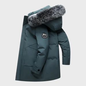 Luxury men's dark green insulated parka featuring a faux fur hood, long sleeves, and a tailored fit, providing warmth and style.
