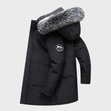 Luxury men's dark green insulated parka featuring a faux fur hood, with long sleeves and a stylish collar design.