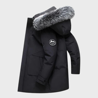 Luxury men's dark green insulated parka featuring a faux fur hood, with long sleeves and a stylish collar design.