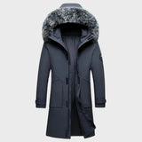 Luxury men's dark green insulated parka with faux fur hood, featuring a gray color variant in size 3XL, showcasing a long sleeve design with a cozy natural material collar.
