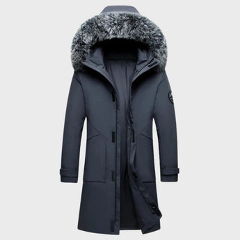 Luxury men's dark green insulated parka with faux fur hood, featuring a gray color variant in size 3XL, showcasing a long sleeve design with a cozy natural material collar.