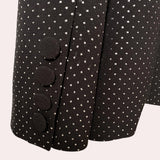Luxury men's designer polka dot suit featuring a tailored blazer and trousers, in an electric blue color with distinct polka dot pattern, perfect for formal events.