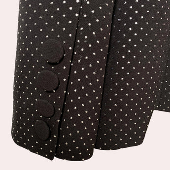 Luxury men's designer polka dot suit featuring a tailored blazer and trousers, in an electric blue color with distinct polka dot pattern, perfect for formal events.