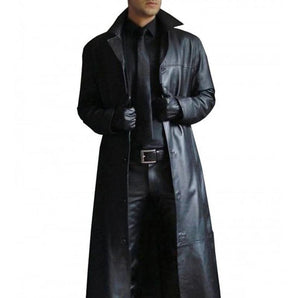 Luxury Men's Full Length Black Leather Trench Coat with Collar and Long Sleeves, Designer Winter Fashion in Black, Size 3XL.